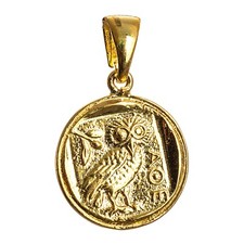 Ciondolo Gufo di Atena Saggezza Placcato Oro Piccola Replica Moneta Greca Mit...
