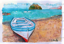 acquerello Ischia castello aragonese barca mare marina dipinto a mano no stampa