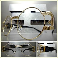 Uomo Vintage Retrò Stile Lenti Trasparenti Occhiali Unico Tondo Oro Moda Telaio