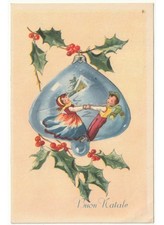 Non Viaggiata cartolina Buon Natale d'epoca palla natalizia bambini agrifoglio