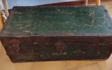 Baule antico in legno da viaggio Forziere Cassapanca  vintage Cassa verde.