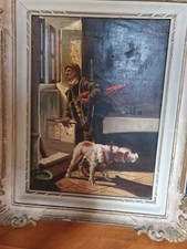 QUADRO OLIO SU TELA CACCIATORE CON CANE MISURA 47 X 56 FIRMATO R. LANZI