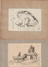 N. 4 DISEGNI A MATITA CARBONCINO SIGLATI PAESAGGI MONTAGNA INVERNO E FIGURE 