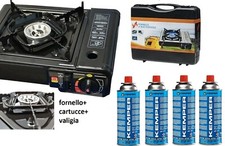 FORNELLO INOX DA CAMPEGGIO A GAS + 4 BOMBOLETTE CUCINA PORTATILE + VALIGGETTA