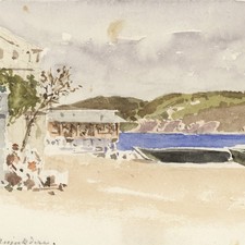 Impressionismo Istanbul spiaggia a Bujukdere mare acquerello non firmato 1880