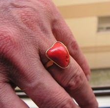 ANELLO COCKTAIL GRANDE PESANTE NATURALE CORALLO ROSSO ARGENTO ORO ~ CAMMEO IMMOBILIARE INTAGLIATO