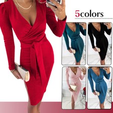 Abito lungo donna S-3XL scollo a V bodycon midi donna cocktail sera festa 