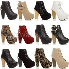 Stivaletti donna donna legno blocco tacco alto plateau lacci zip festa misura