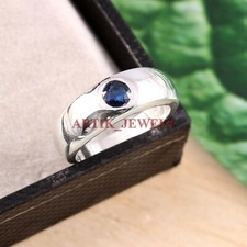 Riscaldato Zaffiro Blu Con 14K Placcato Oro Bianco Anello Argento per Uomo #3101