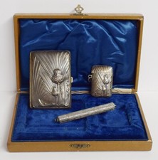 SET DA FUMO FEMMINILE Liberty IN ARGENTO DECORATO con scatola originale