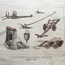 STRUMENTI E MACCHINE AGRICOLE ARATRO INCISIONE COLORI Arthus Bertrand '800