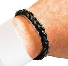 Bracciale da uomo in pelle nero intrecciato braccialetto cuoio regolabile piatto