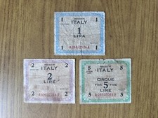 LOTTO 3 BANCONOTE ALLIED MILITARY CURRENCY 1 + 2 + 5 AM LIRE 1943