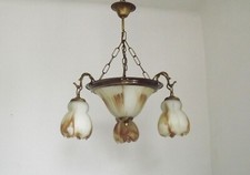 Lampadario francese vintage 4 luci paralumi in vetro artistico e ciotola effetto bronzo 4960