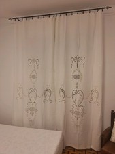 Antichi tendoni tende Coppia lino Ricamo Intaglio e Filet Cm 290x127 a pannello.