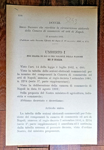 Napoli 1892 regio decreto x - napoli,