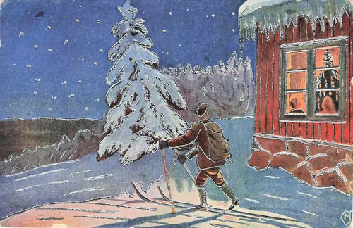 Cartolina epoca sciatore - d'epoca, di