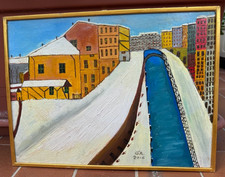 DIPINTO MODERNO AD OLIO SU TAVOLETTA - PAESAGGIO URBANO INVERNALE - G.R. 2016