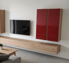 Coppia pensili 120x38x38cm rovere chiaro anta in vetro laccato rosso made in ita