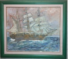 Quadro Antico Dipinto a Mano Veliero Cornice In Legno e Passepartout 63,5x74 CM,