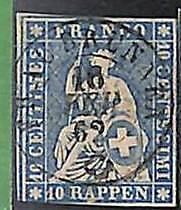 94991dA - SVIZZERA - FRANCOBOLLO - Zumstein # 23 filo verde / carta spessa USATO