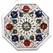 Tavolino Laterale Marmo 15" Artigianato Floreale Arte Intarsiato Lavorazione Pietre Semi Preziose