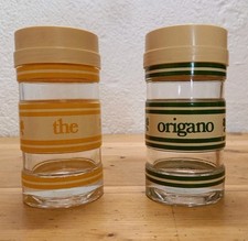 Set 2 BARATTOLI/VASETTI NUTELLA Ferrero vetro, tappi beige, the/origano, vintage