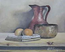 Quadro natura morta oggetti in metallo e uova - dipinto olio su tela still life 