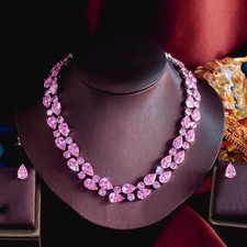 Collana tennis donna zirconi rosa larghi orecchini placcati argento set gioielli sposa