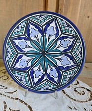 Piatto Da Parete Ceramica Smaltata Decori Blu Azzurro Verde Dipinto A Mano 