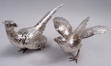 Antico Figure Statuette Animali Gioco Uccelli Fagiani Tedesco 800 Argento