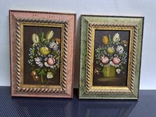 COPPIA QUADRI Fiori  DIPINTO OLIO SU TELA CORNICE In Legno 15X22 CM