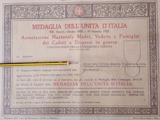 Antico Attestato 1922 Medaglia Dell'unità D Italia Raro