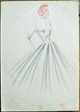 BOZZETTO ORIGINALE REALIZZATO A MANO ABITO MODA ANNI 40-50 CHRISTIAN DIOR
