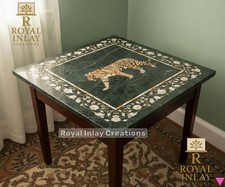Tavolo Pietra Dura in marmo verde - quadrato intarsiato tigre e bordo floreale