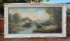 ANTICO DIPINTO OLIO SU TELA - CAMPAGNA - FIUME - PONTE - MONTI - FIGURE - FIRMA