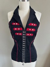 TRIPP NYC Corsetto Vintage Nero e Rosso Halter Top Dettaglio Pizzo Punk Goth Taglia M