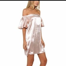 Vestito Donna Rosa Cipria Barbie M 44 Mini Abito Seta Satin Spalle Scoperte Top 