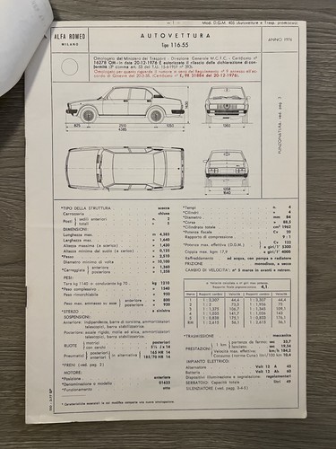 Scheda omologazione alfa - alfa, romeo
