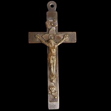 CROCIFISSO CRISTO DA COLLANA FRATI 1800 OTTONE LEGNO EBANIZZATO CHIESA RELIGIONE