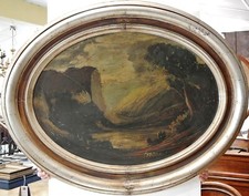 Quadro, Olio su tela, paesaggio campagna romana, cornice ovale argento mecca