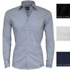 Camicia Uomo Cotone Slim Fit Sartoriale Manica Lunga Bianca Nero Blu Celeste