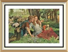 Vecchia litografia originale HOLMAN HUNT stampa AMORE ROMANTICISMO PASTORE NOLEGGIATORE