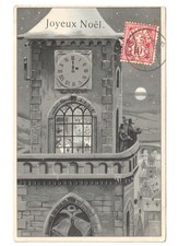 1905 antica cartolina natalizia Primi '900 campanile orologio musicisti Noel