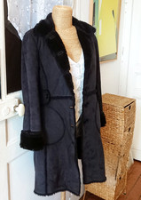 Manteau Kookai noir mi-long, imitation daim doublé fausse fourrure taille 36