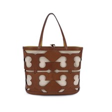 Autentica borsa tote Tory Burch marrone con logo ritagliato in pelle e tela Ella