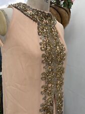 ABITO VINTAGE COUTURE PESCA PERLINE MAXI ANNI 60 SCATOLA PLISSETTATA ORO TAGLIA 12 CREPE PESANTE