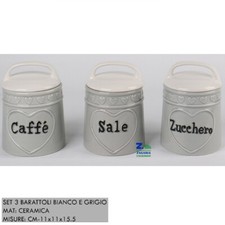 SET 3 TRIS BARATTOLO CUCINA CERAMICA BIANCA E GRIGIA SALE ZUCCHERO CAFFE'