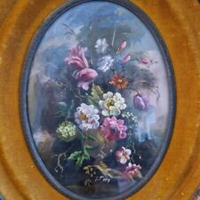 Quadro di Natura morta, vaso con fiori, con cornice in legno ovale.