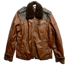 VINTAGE Energie Giacca Pelle Uomo M/L Marrone Moto Bomber Collo Pelliccia Rimovibile